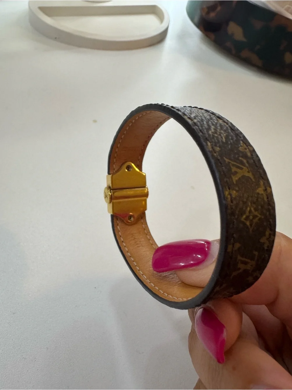 Louis Vuitton Brown Monogram Leather Bracelet with Gold Hardware